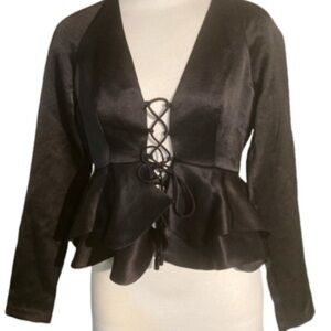 Fashion Nova Elegant Black Satin Ruffle Lace-Up Top